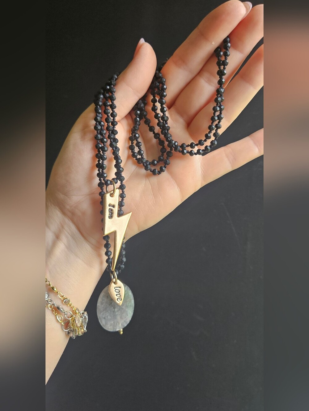 Gold Lightning & Black Bead Pendant Necklace - Love Accent